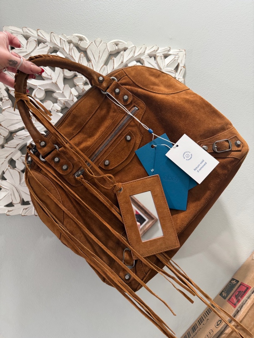 Balenciaga suede fringe city tote RARE large Cognac brown moto bag